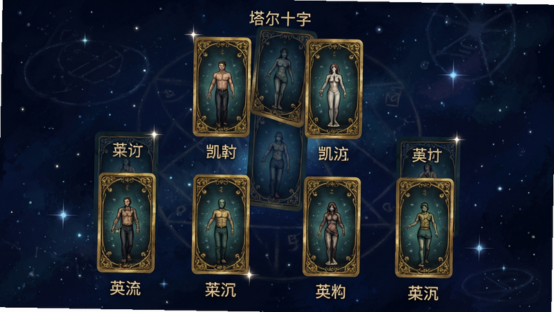 主体为塔罗牌阵布局示意图,展示“凯尔特十字”牌阵的十二张牌位置,背景为深蓝色星空,排版呈十字交叉状,每张牌旁边标注简短的中文含义标签,风格为神秘学插画风,细节包括卡牌边缘的金色装饰与星空的闪烁效果,画质清晰,干净,无多余元素