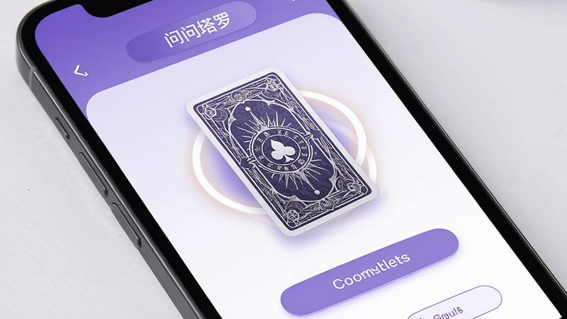 主体为手机屏幕特写,显示“问问塔罗”应用主界面,布局采用清新淡雅的紫色与白色搭配,排版整齐,中央展示一张精美的塔罗牌背面,周围环绕柔和的光晕效果,风格为现代扁平化与神秘感结合,细节包括细腻的卡牌纹理与流畅的UI按钮,画质高清,干净,无多余元素
