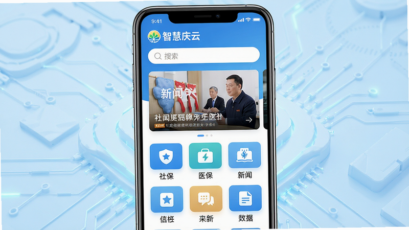 一张高清手机应用界面展示图,主体为“智慧庆云”APP首页,背景为浅蓝色科技风格,布局整洁,顶部显示Logo和搜索栏,中间是新闻轮播图,下方是网格状的功能图标如社保、医保、新闻等,细节清晰,画质8K,无多余元素,干净明亮