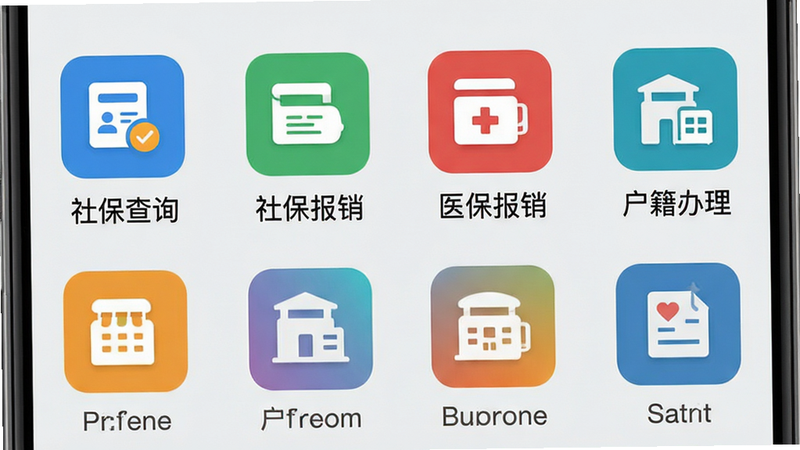 手机应用办事大厅界面,显示多个办事入口图标,如“社保查询”、“医保报销”、“户籍办理”,图标设计扁平化,色彩鲜明,背景为淡灰色,布局呈2x4网格,文字清晰可读,画质细腻,无杂乱元素,专业商务风格
