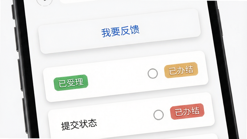 手机应用社区反馈界面,显示“我要反馈”按钮,下方是用户提交的问题列表,包含状态标签如“已受理”、“已办结”,背景为白色,卡片式设计,阴影柔和,细节精致,画质高清,无冗余装饰,清新简约风格