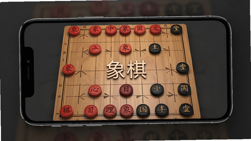 主体为手机屏幕界面,展示中国象棋棋盘,棋盘为木质纹理,棋子为红黑两色立体字,背景为深灰色简约风格,布局居中,排版整洁,细节清晰可见,画质高清,干净无多余元素,文字“象棋”居中显示