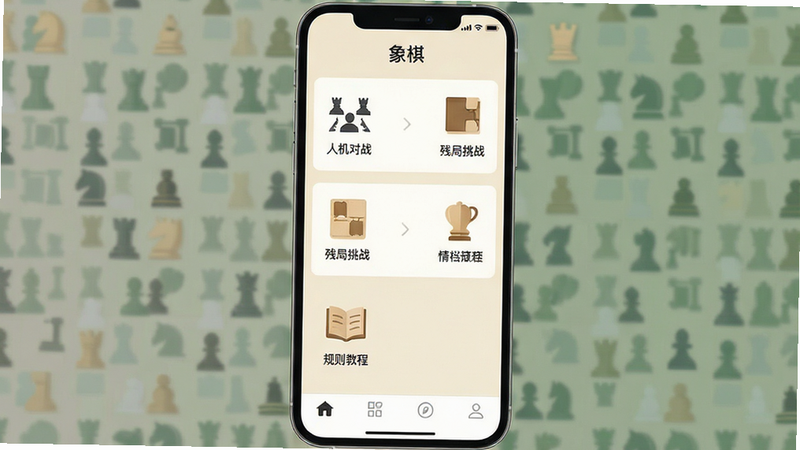 手机APP界面截图,背景为浅米色,顶部显示标题“象棋”,中部为功能图标列表,图标风格简约扁平,包含“人机对战”、“残局挑战”、“规则教程”等选项,底部有导航栏,整体风格现代简洁,文字清晰,画质清晰,无水印,干净布局