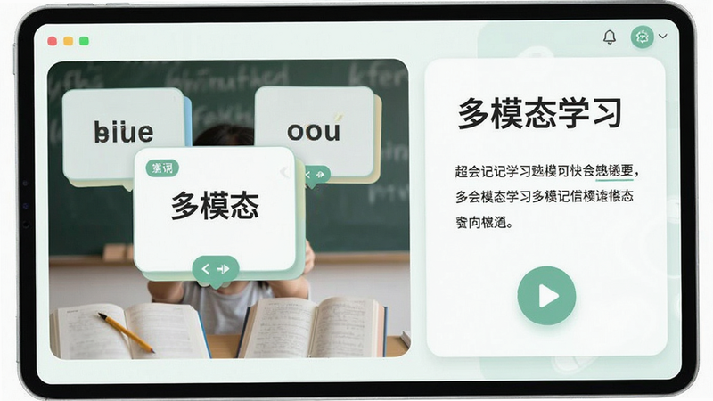 主体是超会记单词的多模态学习界面,布局分为左侧图片展示区和右侧文字音频区,排版平衡,风格为清新教育风,细节包含单词卡片和播放按钮,画质细腻,干净,无多余元素,文字内容包含“多模态学习”