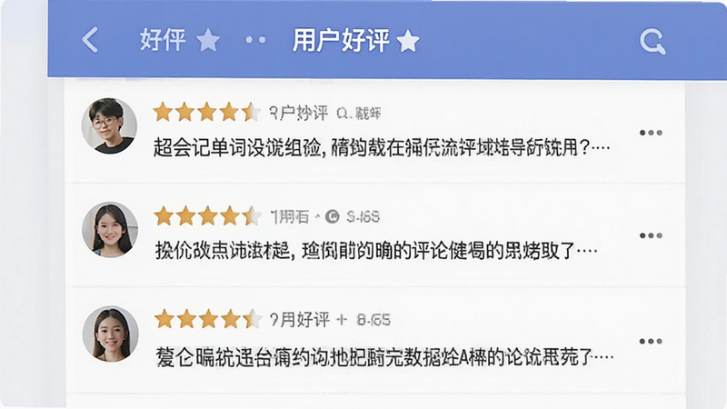 主体是超会记单词的用户评价界面,布局为列表形式展示用户评分和评论,排版清晰,风格为社交分享风,细节包含五星评分图标和简短评论,画质清晰,干净,无多余元素,文字内容包含“用户好评”