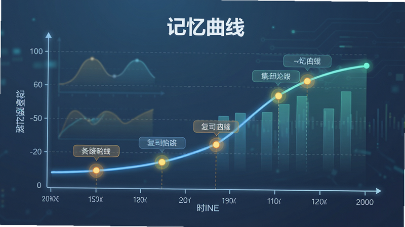 主体是超会记单词的记忆曲线图表,布局展示时间轴与记忆强度变化曲线,排版清晰直观,风格为科技感数据可视化,细节包含高亮的复习节点标记,画质清晰,干净,无多余元素,文字内容包含“记忆曲线”