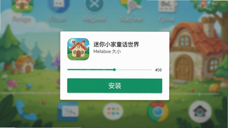 ����Ϊ������С��ͯ�����硷�ֻ���װ���棬����չʾAndroidϵͳ�İ�װȷ�ϵ�������ʾ����ͼ�ꡢ�������С������Ϊ�ֻ�����ģ���������Ű���У�ͻ������װ����ť�����Ϊ��׼��Android UI��ƣ�ϸ�ڰ�����������״̬ͼ�꣬�����������ɾ��޶���Ԫ�أ�ɫ�ʷ���ϵͳ�淶