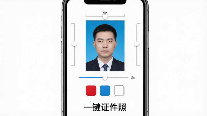 主体为手机屏幕展示证件照制作界面,背景为纯白色,布局中央显示一张蓝色底色的标准一寸证件照,周围有尺寸调节滑块和底色选择按钮(红、蓝、白),风格严肃专业,细节清晰,文字“一键证件照”位于底部,画质高清,干净无多余元素