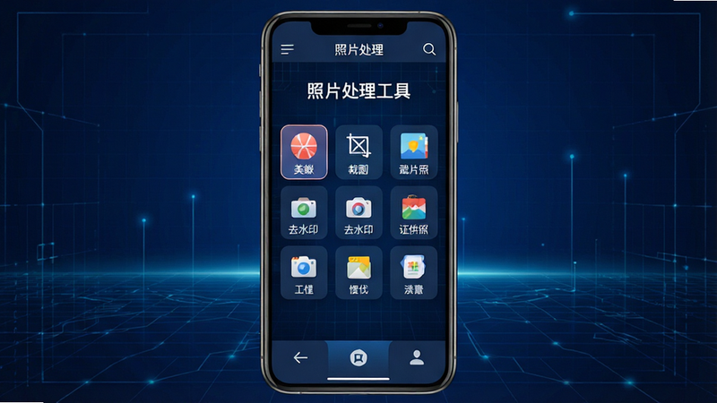 主体为智能手机屏幕界面,显示“照片处理工具”APP的主页,背景为深蓝色科技感网格,布局分为顶部导航栏、中间功能九宫格图标(包含美颜、裁剪、证件照、去水印等)、底部操作栏,排版整齐对称,风格现代扁平化,细节处图标清晰锐利,文字“照片处理工具”居中显示,画质8K高清,干净无多余元素