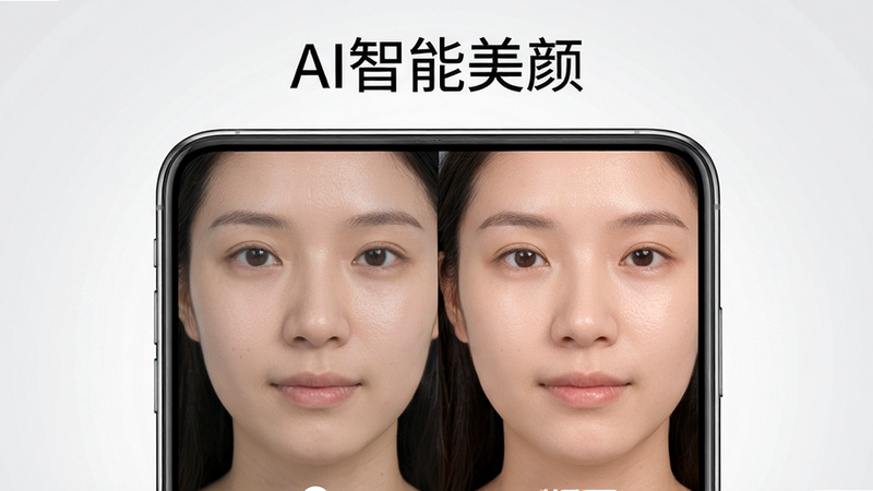 主体为手机屏幕展示美颜前后对比效果,左侧为原图,右侧为处理后效果图,背景为浅灰色渐变,布局左右分屏,风格清新明亮,细节展现面部皮肤质感变化,文字“AI智能美颜”位于顶部,画质超清,干净无多余元素