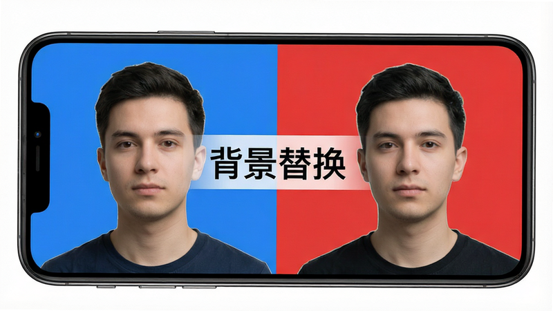 主体为手机屏幕展示背景替换前后对比,左侧蓝色背景,右侧红色背景,布局左右分屏,风格专业简洁,细节展现人物边缘抠图精度,文字“背景替换”位于中间,画质超清,干净无多余元素