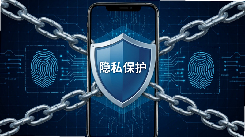 盾牌图标位于手机屏幕中央,周围环绕着锁链和指纹识别图案,背景为深蓝色科技感网格,布局对称,风格安全严谨,细节包含数据流线条,画质高保真,无多余装饰,文字“隐私保护”清晰