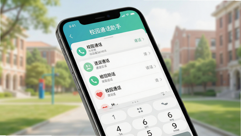 主体为手机屏幕特写,显示“校园通话助手”App界面,背景为淡雅的校园风景虚化图,布局清晰,顶部显示应用名称,中部为通话记录列表,底部为拨号键盘,风格清新简约,细节精致,画质高清,无多余元素,文字“校园通话助手”清晰可见