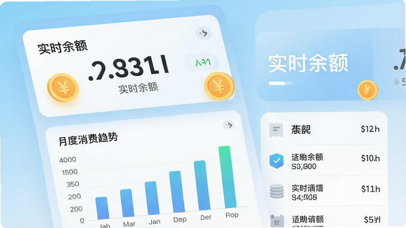 手机界面展示话费余额卡片,数字突出显示,背景为浅蓝色渐变,下方有柱状图展示月度消费趋势,风格现代扁平化,细节包含硬币图标和账单列表,画质清晰,干净无杂色,文字“实时余额”醒目