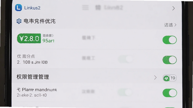主体为手机设置界面,布局展示电池优化与权限管理列表,排版清晰,风格系统原生,细节包含Linkus2图标与开关状态,画质清晰,干净,无多余元素