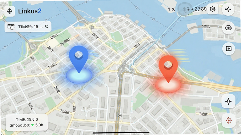 主体为Linkus2定位地图界面,布局显示城市街道地图,两个不同颜色的定位点在地图上动态移动,排版包含距离显示与时间戳,风格科技感强,细节展示地图纹理与定位光晕效果,画质清晰,干净,无多余元素