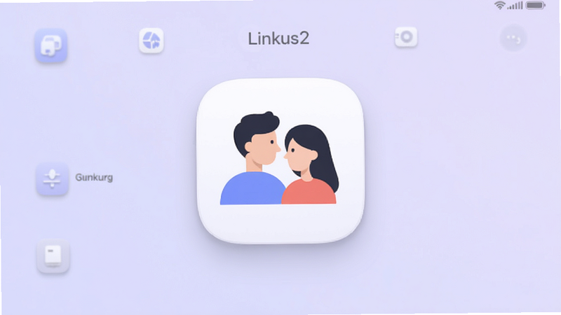 主体为Linkus2应用的高清主界面截图,布局采用极简扁平化设计,背景为淡紫色渐变,中央显示两个相互靠近的人物图标,排版整齐,风格现代清新,细节包含清晰的图标阴影与柔和光线,画质高清,干净,无多余元素