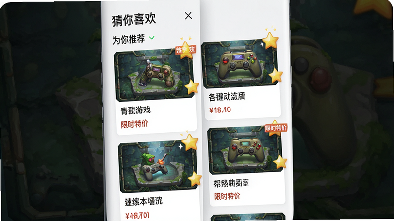����Ϊ��̦��Ϸ����APP�������Ƽ�ҳ�棬����Ϊ�ٲ�����Ƭչʾ��ÿ�ſ�Ƭչʾ��ͬ����Ϸ��Ʒ����ͼ�����⼰�۸񣬶����С�����ϲ�������⡣�Ű�������£����Ϊ����������UI��ƣ�ϸ�ڴ�����˸���Ƽ��Ǳ꣬���ʸ��壬�ɾ����޶���Ԫ�أ����ְ�����Ϊ���Ƽ���������ʱ�ؼۡ�