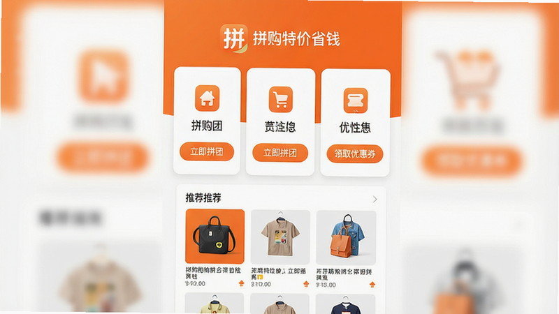 ����Ϊƴ���ؼ�ʡǮAPP�ĸ������չʾͼ�����ֲ��þ��п�Ƭʽ���У�������ʾ����Logo�����ơ�ƴ���ؼ�ʡǮ�����м�����չʾ�������Ĺ������ͼ�꣬�ײ�Ϊ�Ƽ���Ʒ�ٲ��������Ϊ�ִ���ƽ����ƣ�ɫ���Գ�ɫ�Ͱ�ɫΪ����ϸ�ڴ����������İ�ť���֡�����ƴ�š��롰��ȡ�Ż�ȯ��������4K���壬�ɾ��޶���Ԫ�أ���ˮӡ