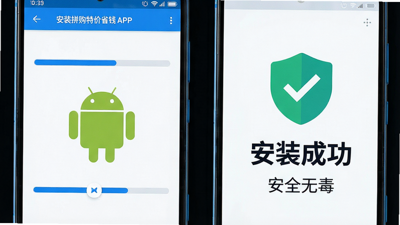 ����Ϊ��׿�ֻ���װƴ���ؼ�ʡǮAPP�Ĺ��̽�ͼ������Ϊ�����ʾ��װ���������Ҳ���ʾ��ȫɨ��ͨ����־������������ʾ����װ�ɹ����롰��ȫ�޶��������Ϊ���Ƽ��У�ɫ������ɫ�Ͱ�ɫΪ����ϸ�ڴ�������׿������ͼ�꣬���ʸ��壬�����ɾ���������Ԫ��