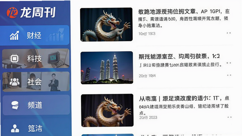 龙周刊APP的内容分类页面截图,左侧是垂直的频道列表,包括“财经”、“科技”、“社会”等标签,右侧是精选文章的列表,每篇文章配有缩略图和简短摘要,界面布局整齐,色彩搭配和谐,突出“龙周刊”的品牌标识