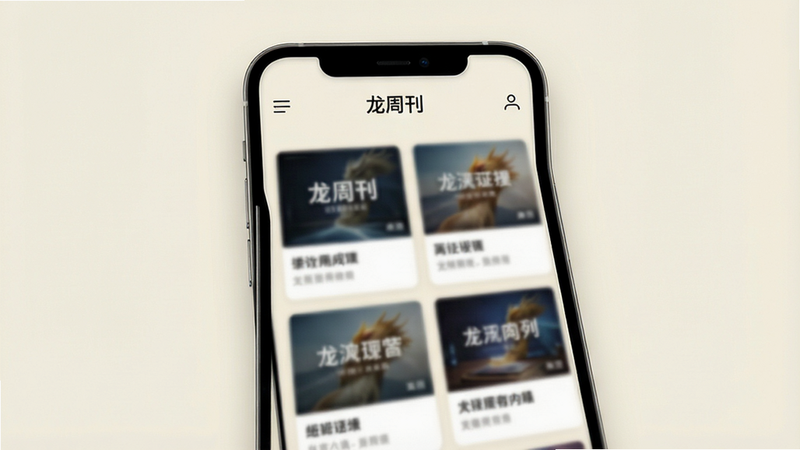 一张高清的智能手机屏幕界面展示图,屏幕中央显示着“龙周刊”APP的主界面,背景为淡雅的米白色,顶部有清晰的导航栏,中间区域排列着几篇精美的文章封面卡片,卡片上有模糊的文字标题,整体风格现代简约,光影柔和,画质清晰,无多余元素
