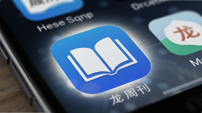 龙周刊APP在安卓手机桌面上的图标特写,图标设计为蓝色背景搭配白色书本图案,周围环绕着柔和的光晕,背景是模糊的手机界面,突出应用的现代感与专业性