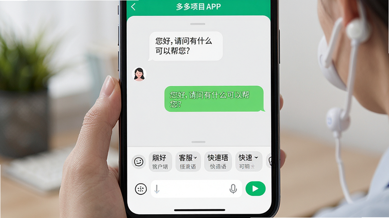 主体为多多项目APP的聊天界面,布局下方为输入框与快捷短语面板,排版整齐,风格清新,细节展示气泡消息与绿色发送按钮,画质高清,文字显示