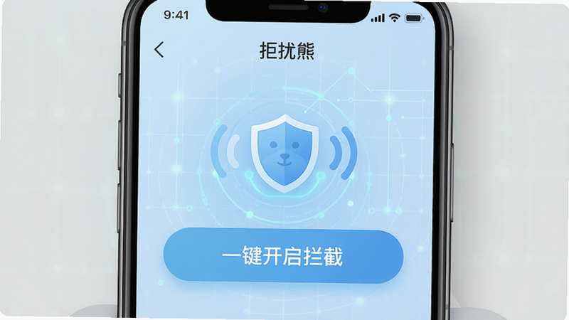 主体为手机屏幕界面,展示拒扰熊骚扰电话拦截APP的主页,布局清晰,顶部显示应用名称“拒扰熊”,中间有大面积“一键开启拦截”按钮,背景为淡蓝色科技感网格,风格扁平化现代UI,细节包含盾牌图标与信号波纹元素,画质高清,干净无多余元素