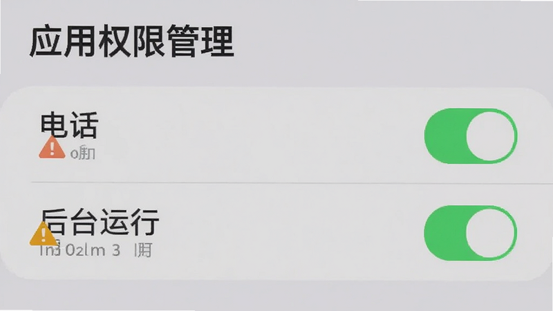 主体为手机设置权限界面,展示“应用权限管理”页面,高亮显示“电话”与“后台运行”权限开关,布局为列表形式,背景为浅灰色,风格简洁直观,细节包含绿色开启状态图标与警告提示符号,画质清晰,干净无多余元素