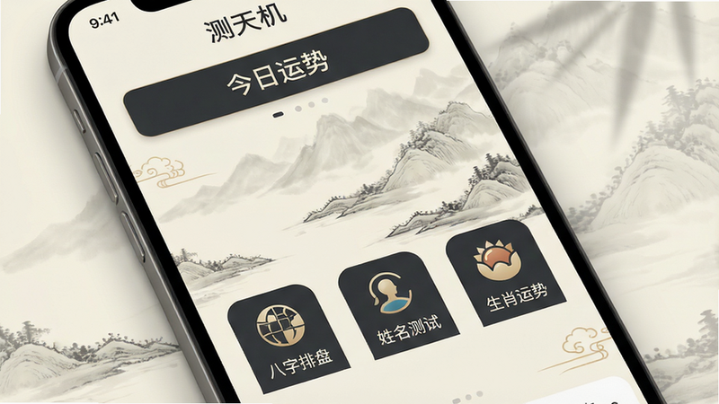 主体为手机屏幕特写,屏幕中央显示“测天机”APP首页,界面采用新中式极简风格,背景为淡雅水墨山水,顶部有醒目的“今日运势”卡片,下方排列着“八字排盘”、“姓名测试”、“生肖运势”等功能图标,整体色调为米白与深灰搭配,布局整洁有序,风格古朴典雅,细节处可见细腻的光影质感,画质高清,干净无多余元素