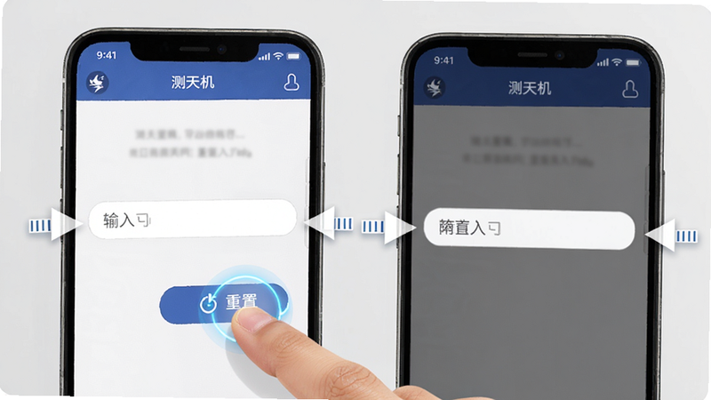 主体为手机操作示意图,展示手指点击“测天机”APP中的“重置”按钮,屏幕显示输入框清空的状态,周围有简单的箭头指示操作方向,背景为浅灰色,风格简洁直观,细节处突出触控反馈效果,画质清晰,干净无其他干扰信息