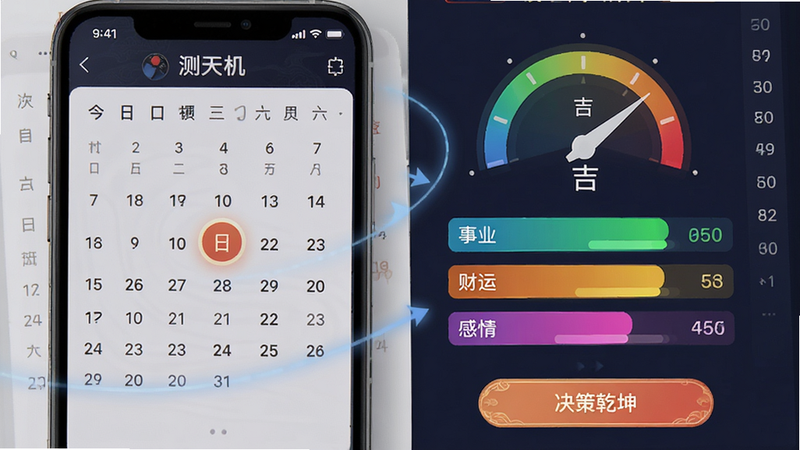 主体为手机屏幕展示“测天机”APP的运势解析页面,左侧为日历视图,高亮显示今日,右侧为详细的运势评分仪表盘,指针指向“吉”,下方列出“事业”、“财运”、“感情”三个维度的得分条,色彩鲜艳且区分明显,界面底部有“决策乾坤”入口按钮,整体布局清晰,风格现代与传统结合,细节处可见流畅的交互动效暗示,画质清晰,干净无干扰元素
