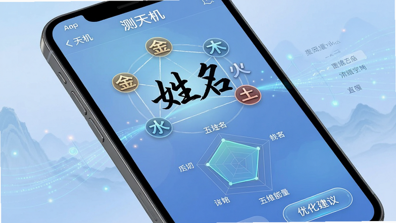 主体为手机屏幕展示“测天机”APP的姓名测试界面,屏幕中央显示一个大号的姓名文字,周围环绕着五行符号(金木水火土),下方有一个雷达图展示该姓名在五维能量上的分布,右下角有一个“优化建议”按钮,界面背景为柔和的渐变蓝色,字体设计具有书法韵味,布局平衡和谐,风格兼具科技感与人文气息,细节处可见数据流动的视觉效果,画质高清,干净无多余装饰