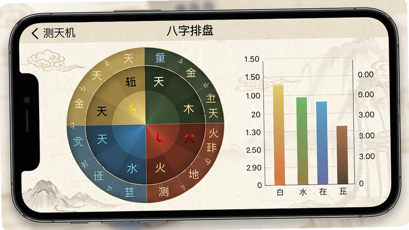 主体为手机屏幕截图,展示“测天机”APP内的八字排盘界面,屏幕中央是一个圆形的八字命盘,四周分布着天干地支字符,颜色区分五行属性(金木水火土),右侧列出详细的五行统计柱状图,界面背景为浅色纸质纹理,字体清晰易读,布局严谨对称,风格专业且不失美感,细节处体现数据的精准排列,画质锐利,干净无杂物