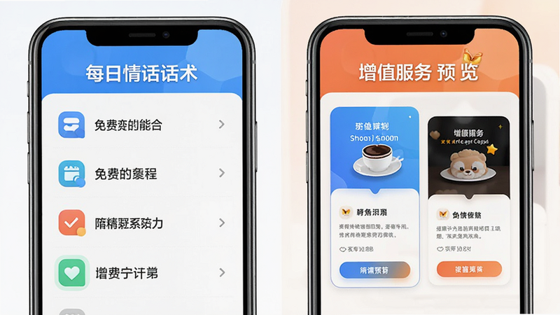 “每日情话话术”APP免费功能与增值服务对比展示图,手机界面分为左右两栏,左侧展示免费功能列表,右侧展示增值服务预览,设计直观清晰,色彩区分明显,体现性价比,高清细节