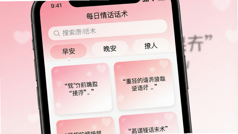 一张高清手机界面截图,主体为“每日情话话术”APP首页,布局清晰,顶部显示搜索栏,中间为分类标签如“早安”、“晚安”、“撩人”,下方排列着精美的卡片式语录展示,风格温馨浪漫,色调以粉白渐变为主,画质细腻,无多余元素