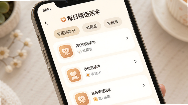“每日情话话术”APP收藏夹页面预览,手机界面展示分类标签和收藏列表,界面整洁有序,图标设计温馨,背景为柔和的米白色,体现个性化定制功能,高清清晰