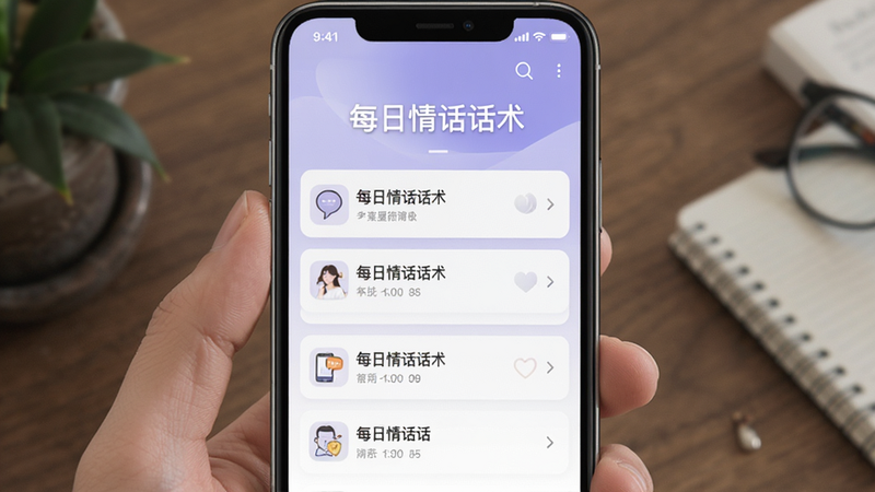 展示“每日情话话术”APP内海量语录列表的界面预览,手机竖屏展示,列表项设计简洁优雅,字体清晰易读,背景为淡紫色渐变,突出软件名称,风格现代简约,高清画质