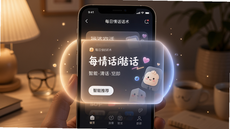 “每日情话话术”APP智能推荐页面,手机界面中央展示一个大大的推荐卡片,周围有柔和的光晕效果,体现智能科技感与温馨氛围的结合,文字清晰,布局平衡,高质量渲染