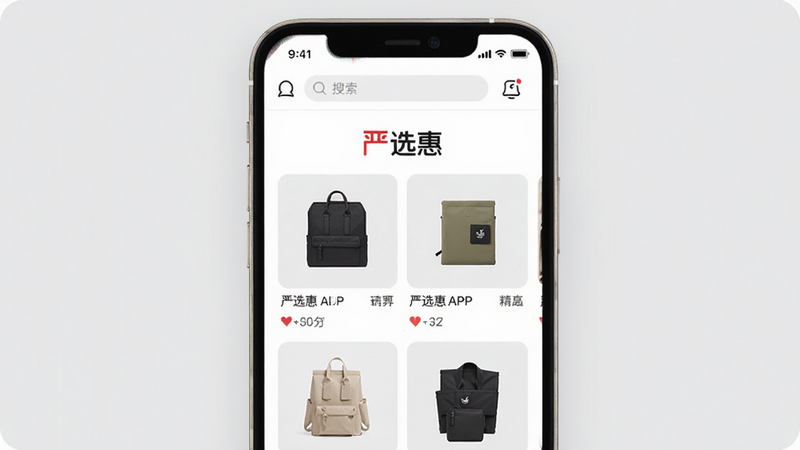 ����Ϊ��ѡ��APP��ҳ���棬�������������������������������в�չʾ����ѡ�ݡ�Ʒ��Logo����ѡ��Ʒ���񣬱���Ϊǳ��ɫ��������ִ���ϸ�ڷḻ�����ʸ��壬�ɾ����޶���Ԫ��