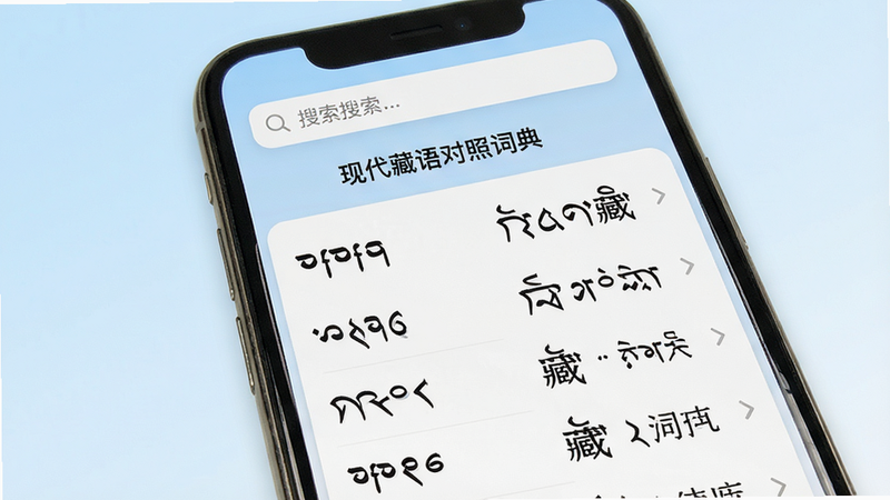 主体为智能手机屏幕,显示“现代藏语对照词典”APP主界面,背景为淡蓝色渐变,布局清晰,顶部有搜索栏,中间列出藏文与汉字对照词条,排版整齐,风格简洁现代,细节包含藏文字符与汉字,画质高清,干净,无多余元素