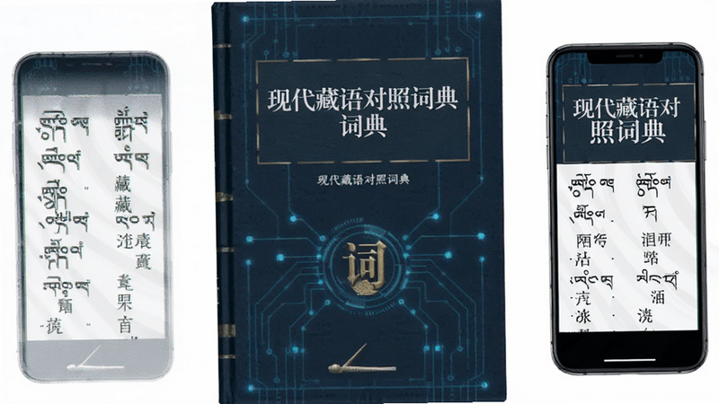 主体为词典书籍封面与手机屏幕融合设计,显示“现代藏语对照词典”字样,布局对称,排版严谨,风格学术且科技感,细节展示藏文与汉字对照列表,画质清晰,干净,无多余元素