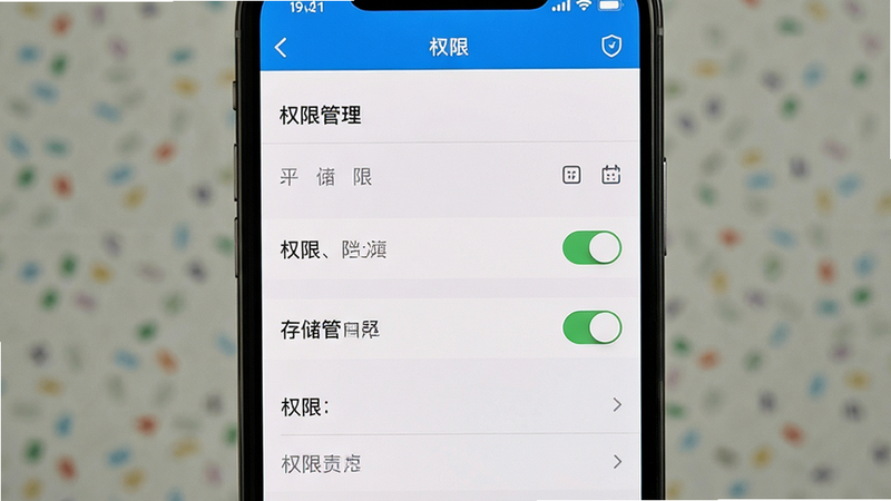 主体为手机设置界面,显示“权限管理”选项,布局垂直,排版清晰,风格扁平化,细节展示存储权限开关,画质清晰,干净,无多余元素