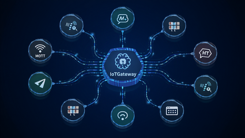 ������һ�����������������ʾ��ͼ�������� IoTGateway ͼ�꣬��Χ�����Ŵ�����ͬЭ��Ľڵ㣬�� MQTT �� HTTP ͼ�꣬�����������Ӹ��ڵ㣬����Ϊ����ɫ���䣬���ֳʷ���״���Ű�ƽ�⣬���Ƽ���ǿ��ϸ�ھ��£����ʸ��壬�ɾ����޶���Ԫ��