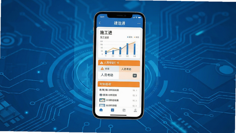 主体为一部现代智能手机悬浮在蓝色科技背景前,屏幕显示着“建造通”应用界面,界面包含施工进度图表、人员考勤打卡模块和材料验收列表,布局采用扁平化设计,配色以工程蓝和警示橙为主,排版整齐,细节清晰,画质高清,干净,无多余元素