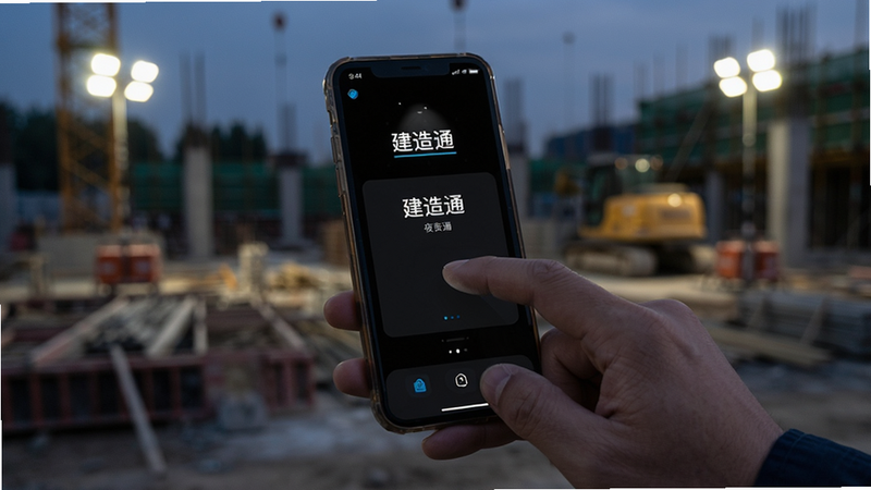 主体为一只手握着智能手机在户外工地操作,屏幕显示“建造通”夜间模式界面,背景为昏暗的施工现场灯光,布局聚焦手部与屏幕,风格写实摄影,细节展示手指点击动作,画质清晰,干净,无多余元素