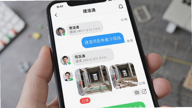 主体为手机界面,显示“建造通”内的项目聊天窗口,包含文字消息、现场照片缩略图及红色“已读”标记,布局紧凑,风格现代UI,细节展示头像与时间戳,画质高保真,干净,无多余元素