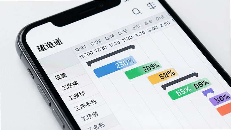 主体为手机屏幕特写,显示“建造通”内的甘特图进度界面,横轴为时间,纵轴为工序名称,不同颜色区块代表不同状态,布局清晰,风格简约商务,细节处有百分比数字高亮,画质锐利,干净,无多余元素