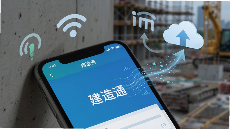 主体为手机置于信号弱的工地角落,屏幕显示“建造通”正在后台同步数据,背景有无线信号图标与云端箭头,布局聚焦屏幕状态栏,风格写实科技,细节展示数据流动特效,画质清晰,干净,无多余元素